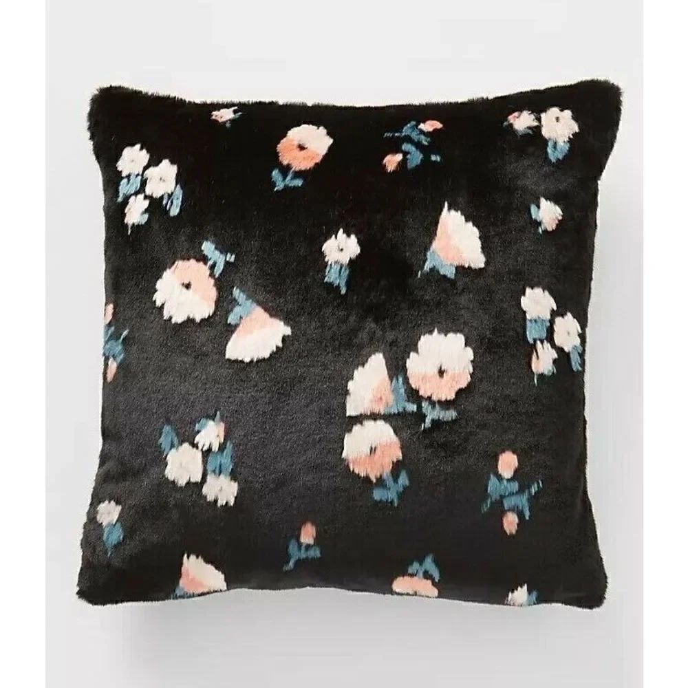 Anthropologie Flora Faux Fur Pillow Black Floral Pattern 20" x 20" NEW